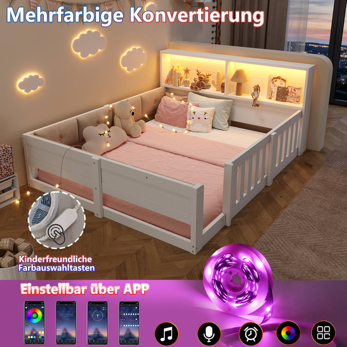 Flatbed Kids Bed 140x200cm with LED Light & Railings, White