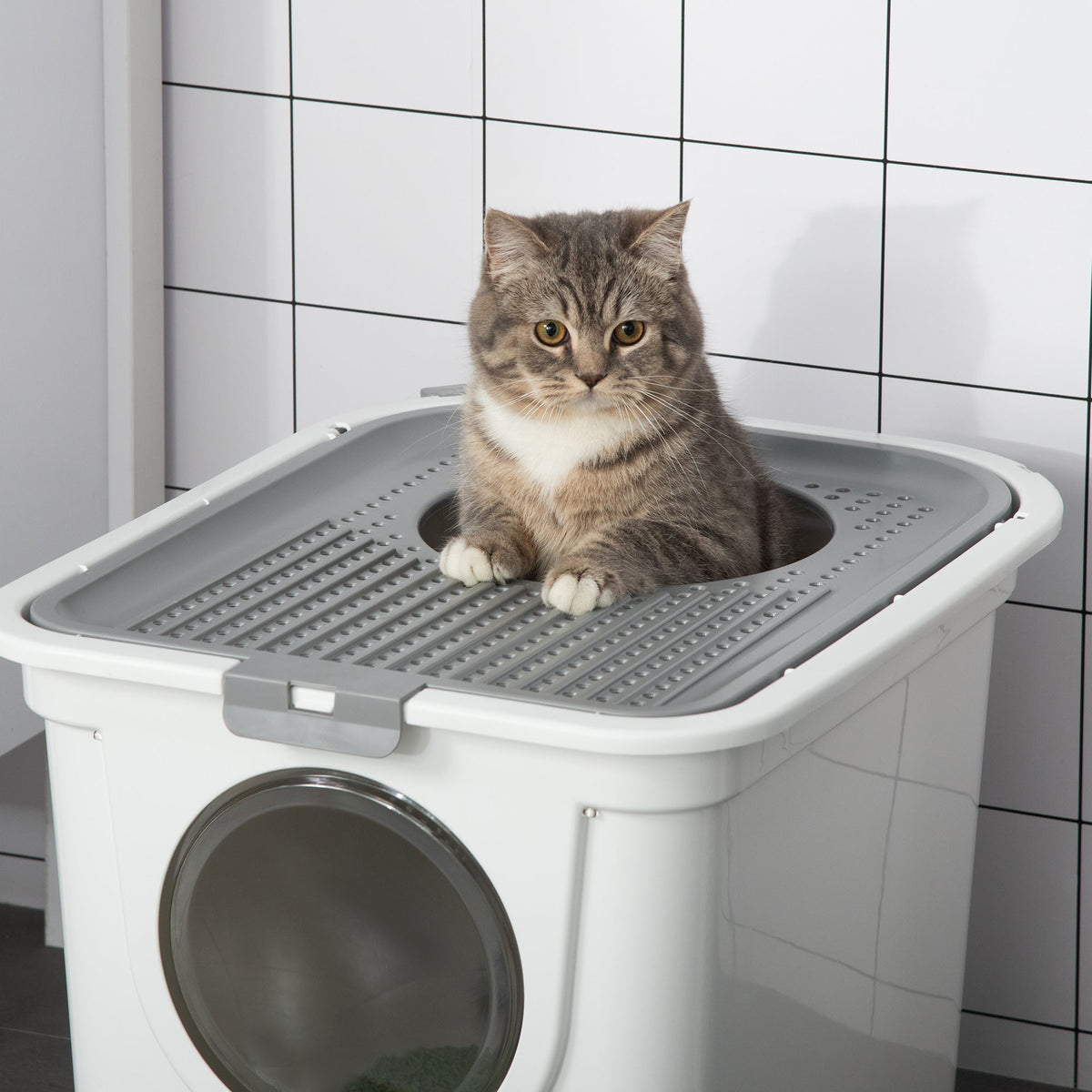 Cat Litter Box Indoor, Lid & Scoop, Grey+White Plastic