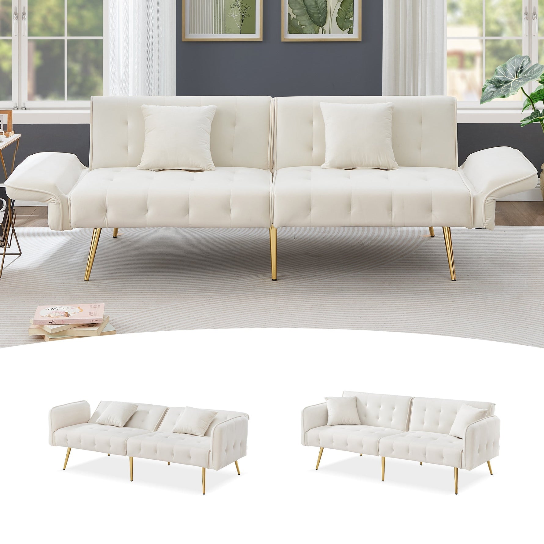 Sofa Bed, Two-Seater Multifunctional Folding with Adjustable Backrest & Armrests, Velour