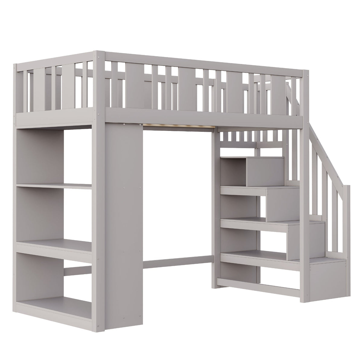 Loft Bed, 90 x 200 cm, Storage Stairs & Compartments, Wood, Grey