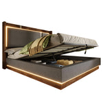 Double Upholstered Bed 140x190 with Storage & LED, Linen Grey & Walnut