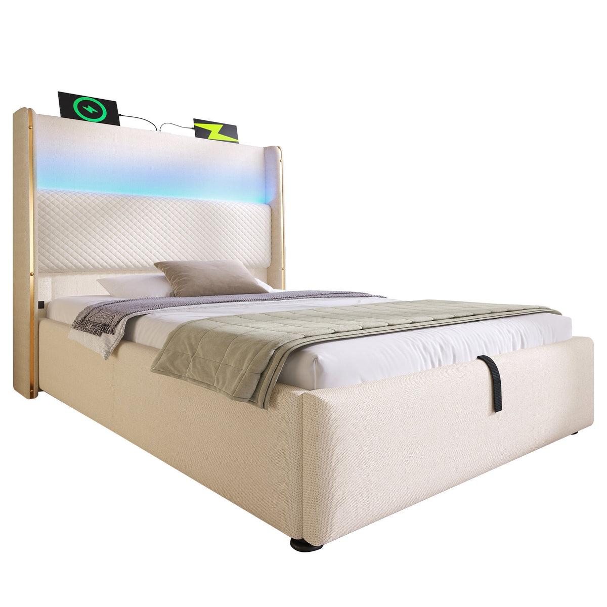 Hydraulic Bed, 90x200cm Single LED Storage USB/Type-C, Linen Look Beige