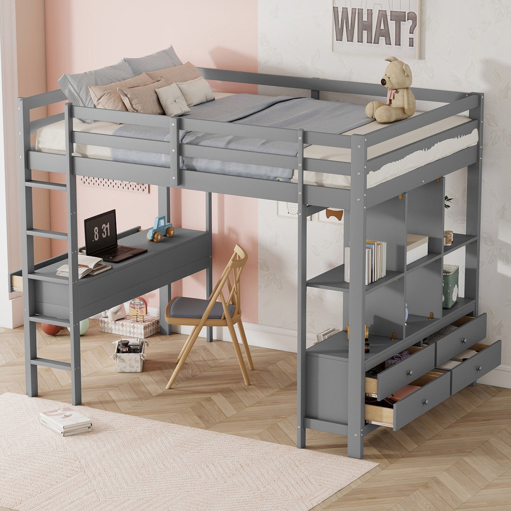 Loft Bed 140x200cm Storage Drawers Under-Bed Desk - Grey