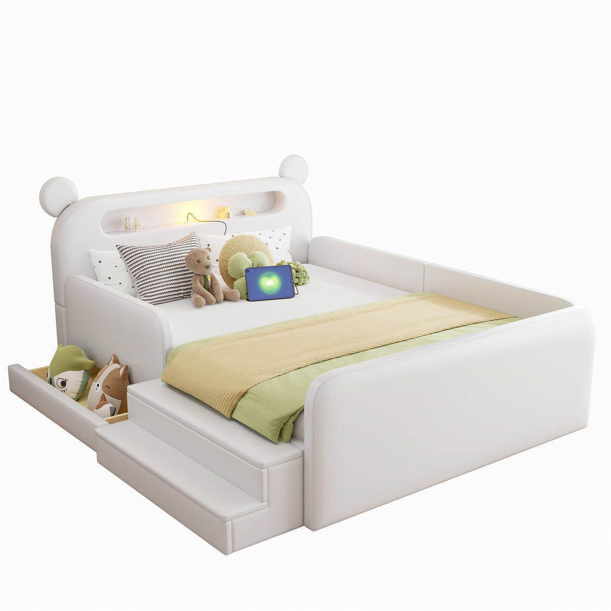 Children's Upholstered Bed 140x200 Bear Headboard White Faux Leather