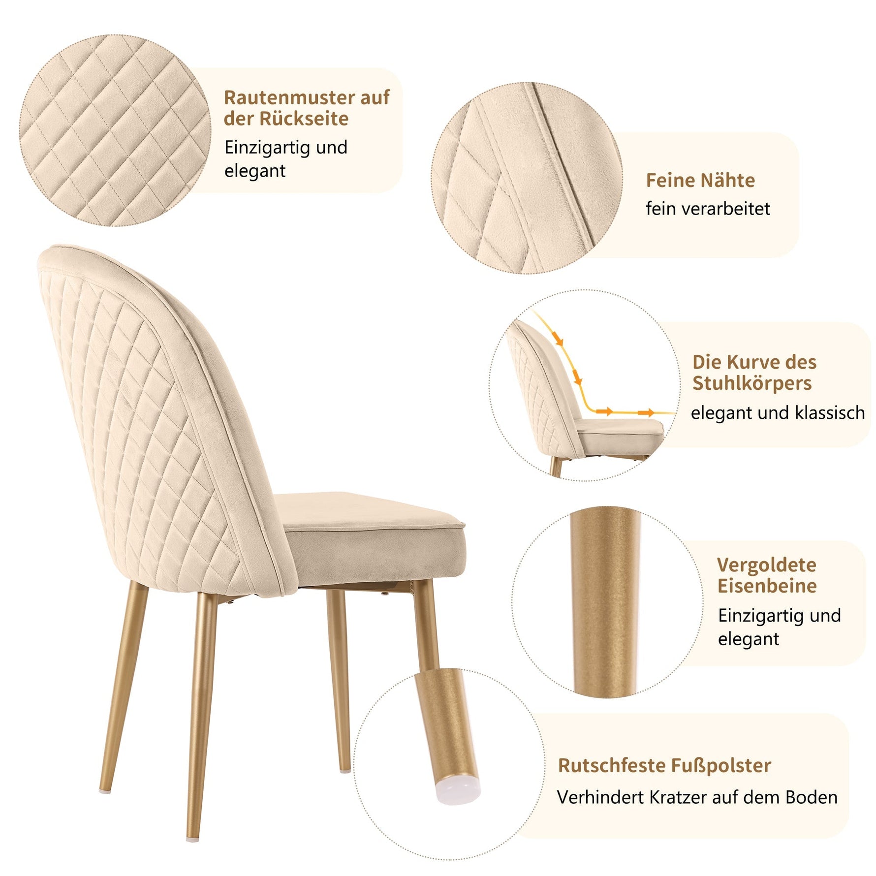 6 Dining Chairs Modern Gold Metal Legs Beige Velvet