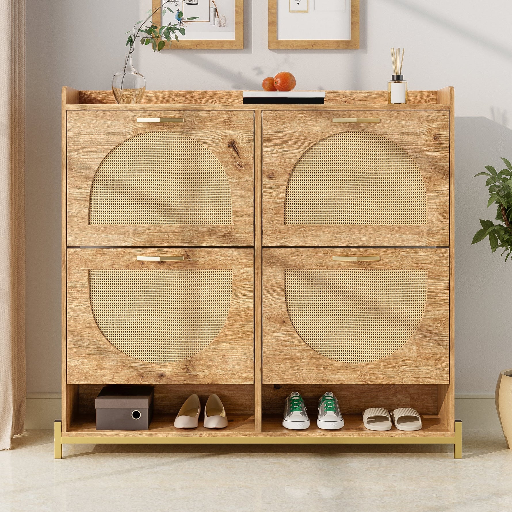 Elegant Shoe Cabinet 4 Doors Metal Frame Top Shelf Wooden Rattan