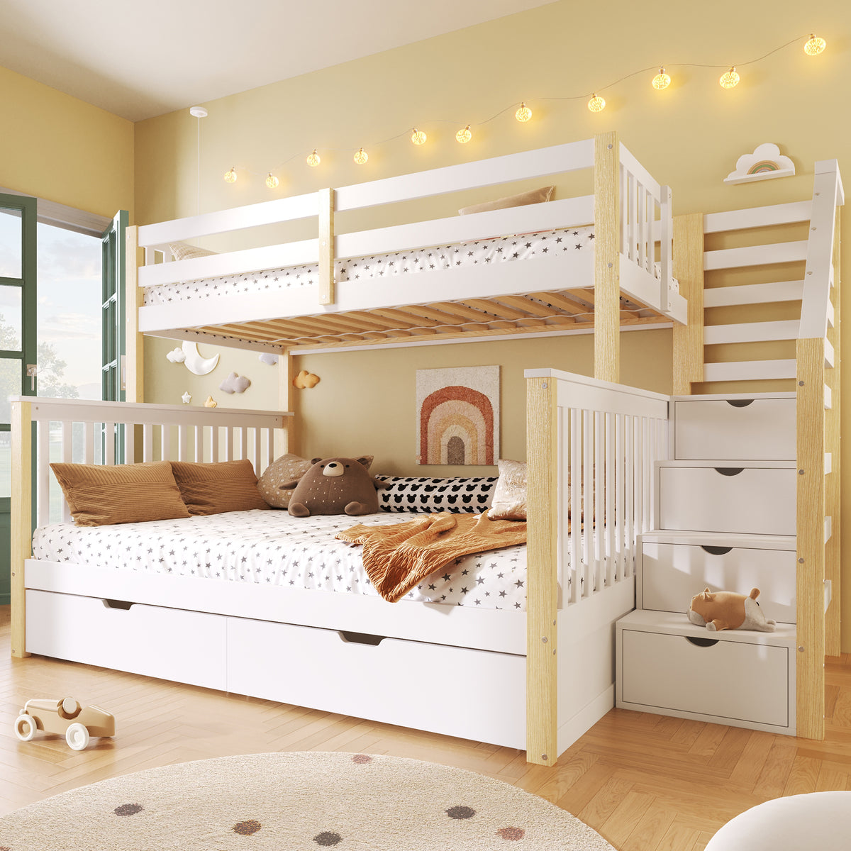 Iron Bunk Bed with Ladder & Storage, 120x200cm, Black Iron & MDF