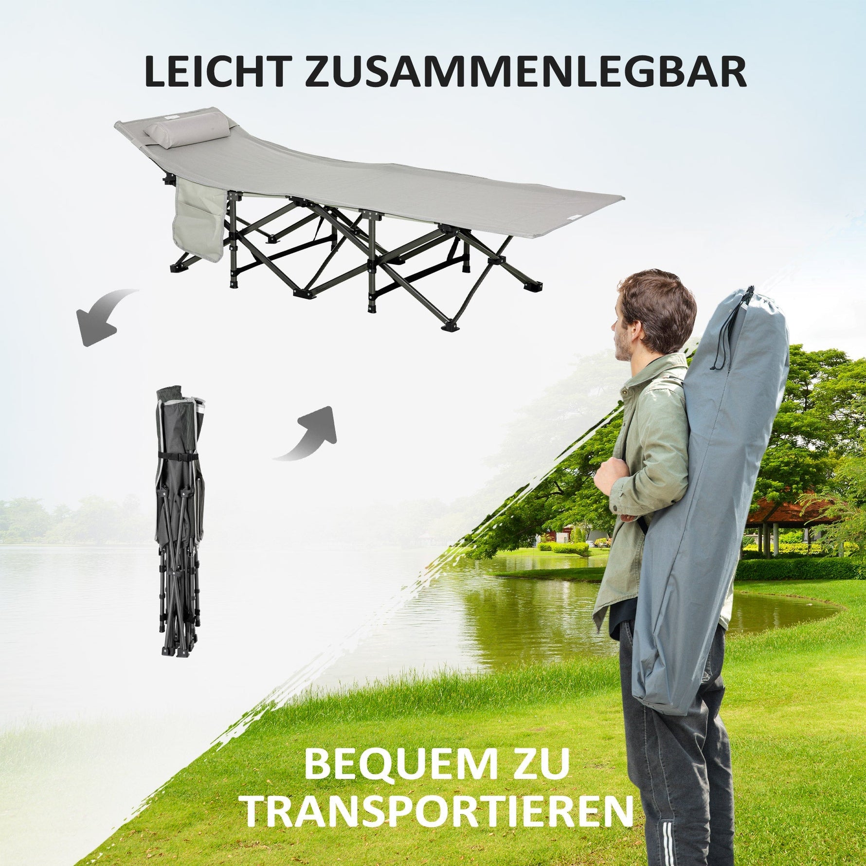 Camping Bed Folding with Pillow, Side Pocket, 150kg, Light Grey