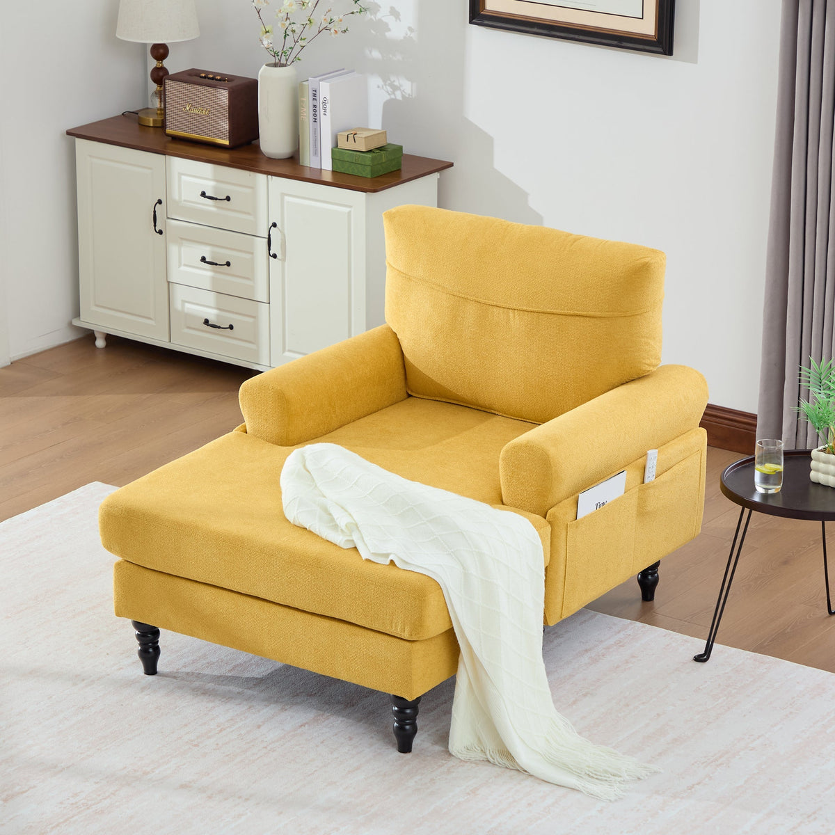 Single Sofa Lounger with Side Pockets and Wooden Legs, Chenille Fabric