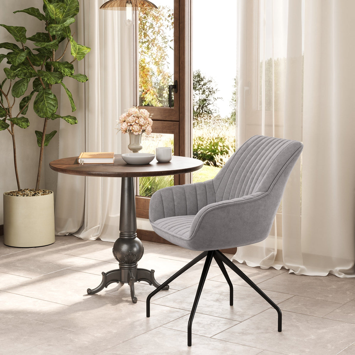 Swivel Lounge Chair, Armrests Metal Legs, Dark Grey Velvet