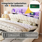 Upholstered Children Bed 140x200 Storage & LED, Beige Velvet