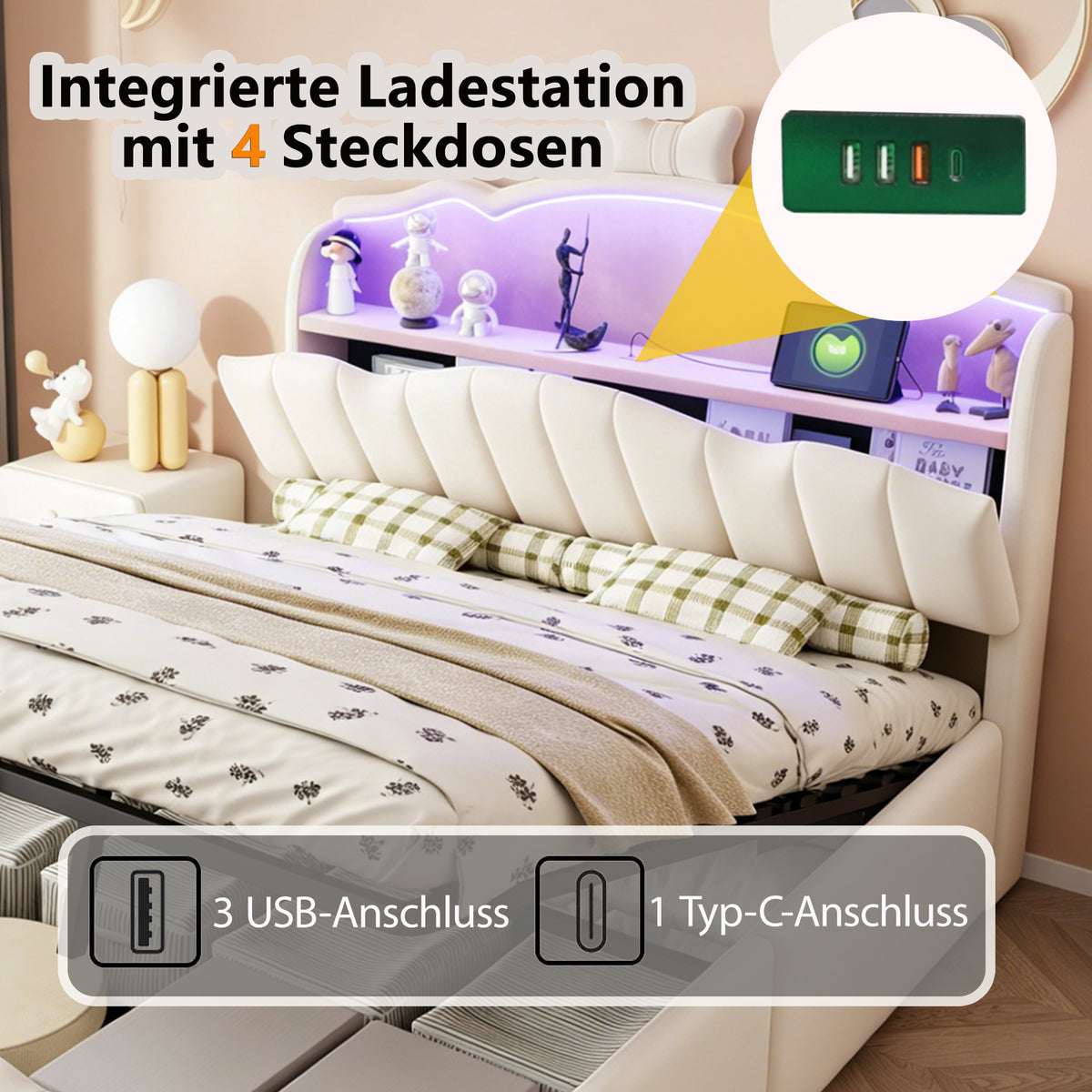 Upholstered Children Bed 140x200 Storage & LED, Beige Velvet