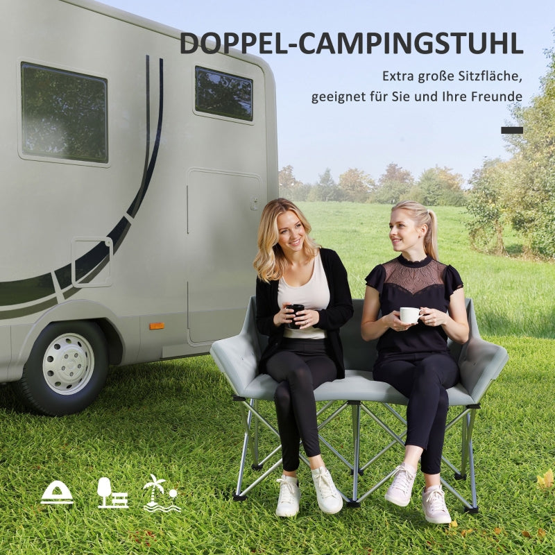 Folding Chair 2 Seater Camping with Armrests Side Pocket, Padded