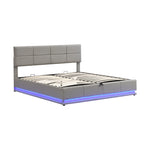 Upholstered Bed, 180x200cm LED & Hydraulic Storage, Faux Leather Light Grey