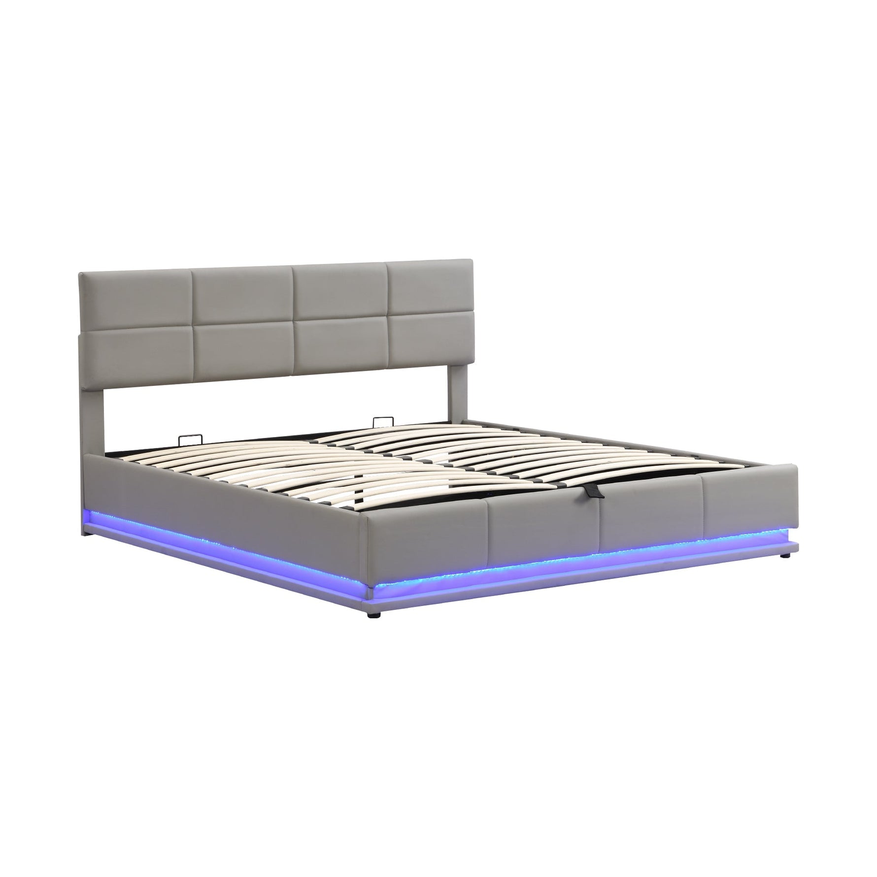Upholstered Bed, 180x200cm LED & Hydraulic Storage, Faux Leather Light Grey