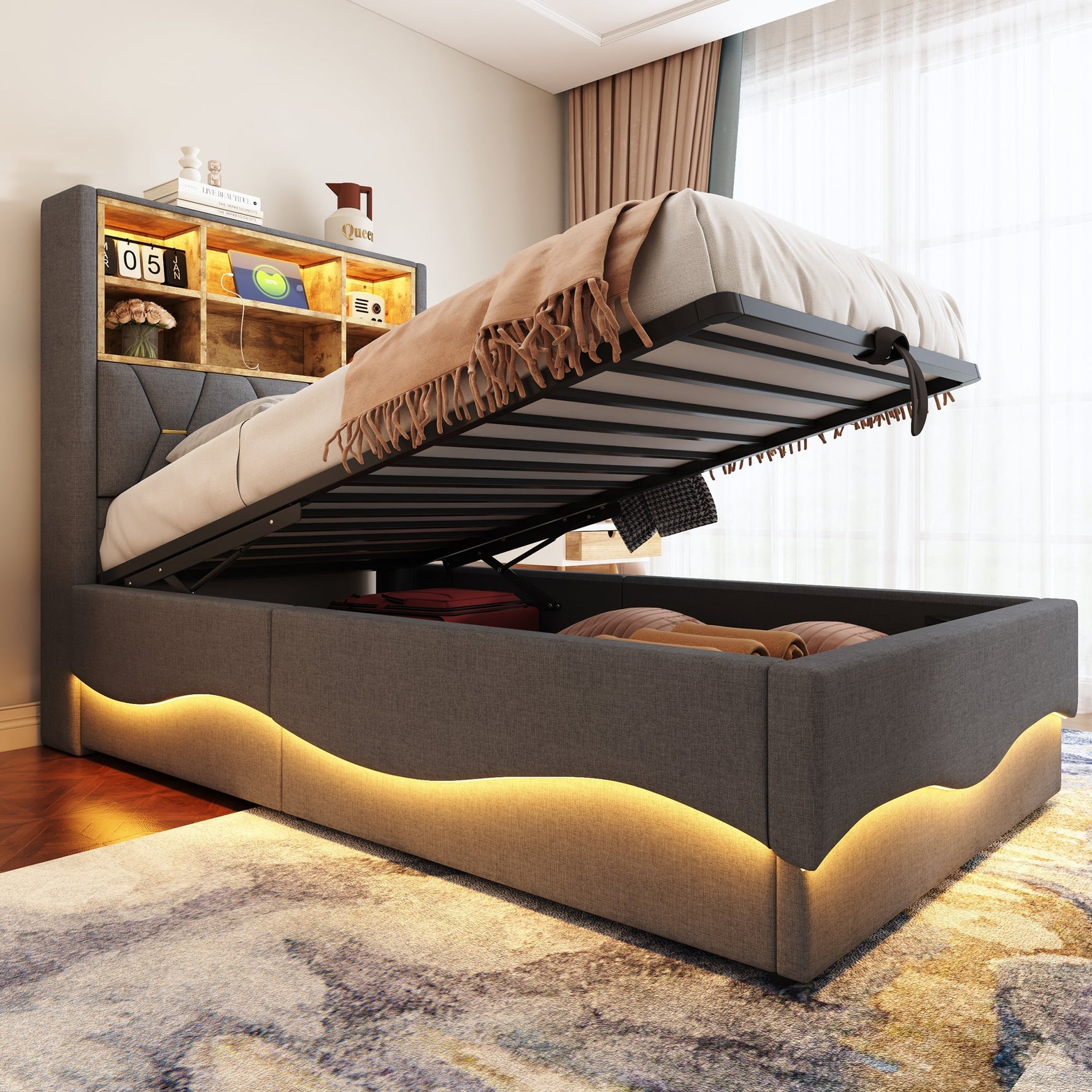 Children's Bed Hydraulic Storage LED USB Metal Frame, Grey Linen