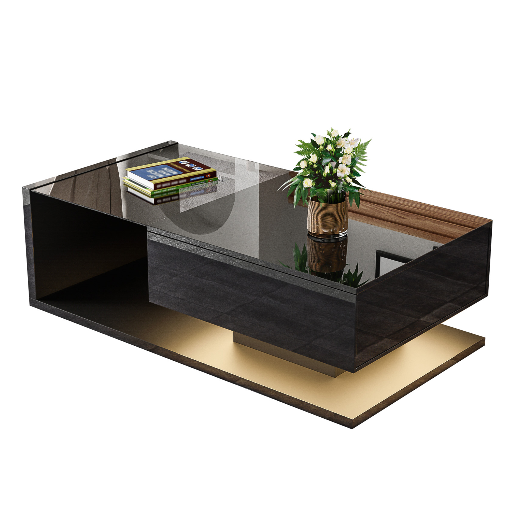 Coffee Table with Glass and LED Effect, High-Gloss Black