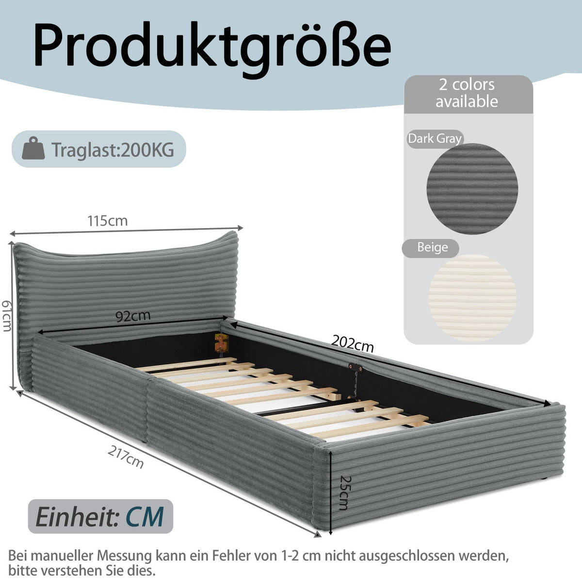Single Bed 90x200cm Corduroy Cover Wood/Iron Frame - Dark Grey