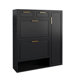 Modern Shoe Cabinet with Adjustable Shelves, Gold Handles, Drawers, Folding Doors, Black