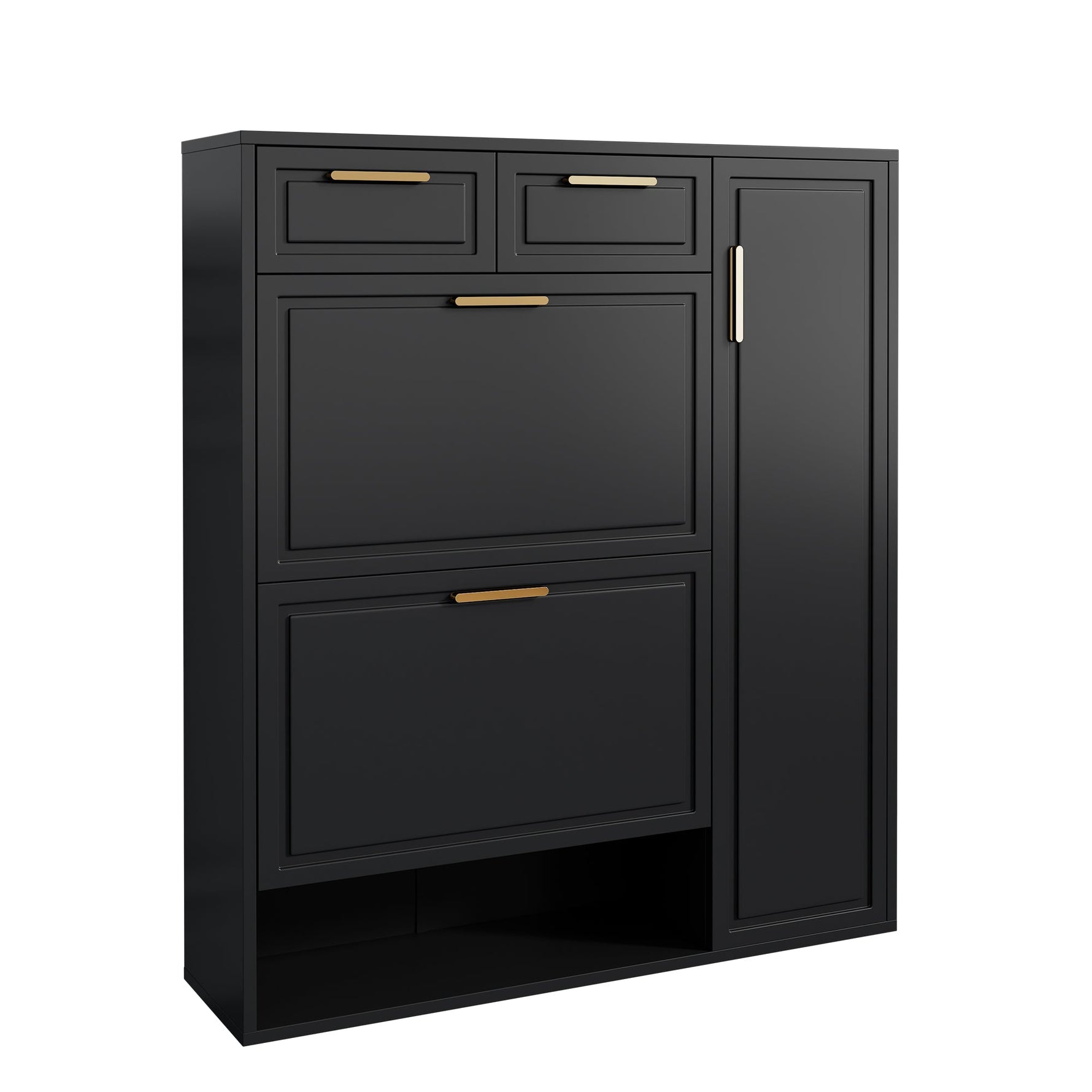 Modern Shoe Cabinet with Adjustable Shelves, Gold Handles, Drawers, Folding Doors, Black