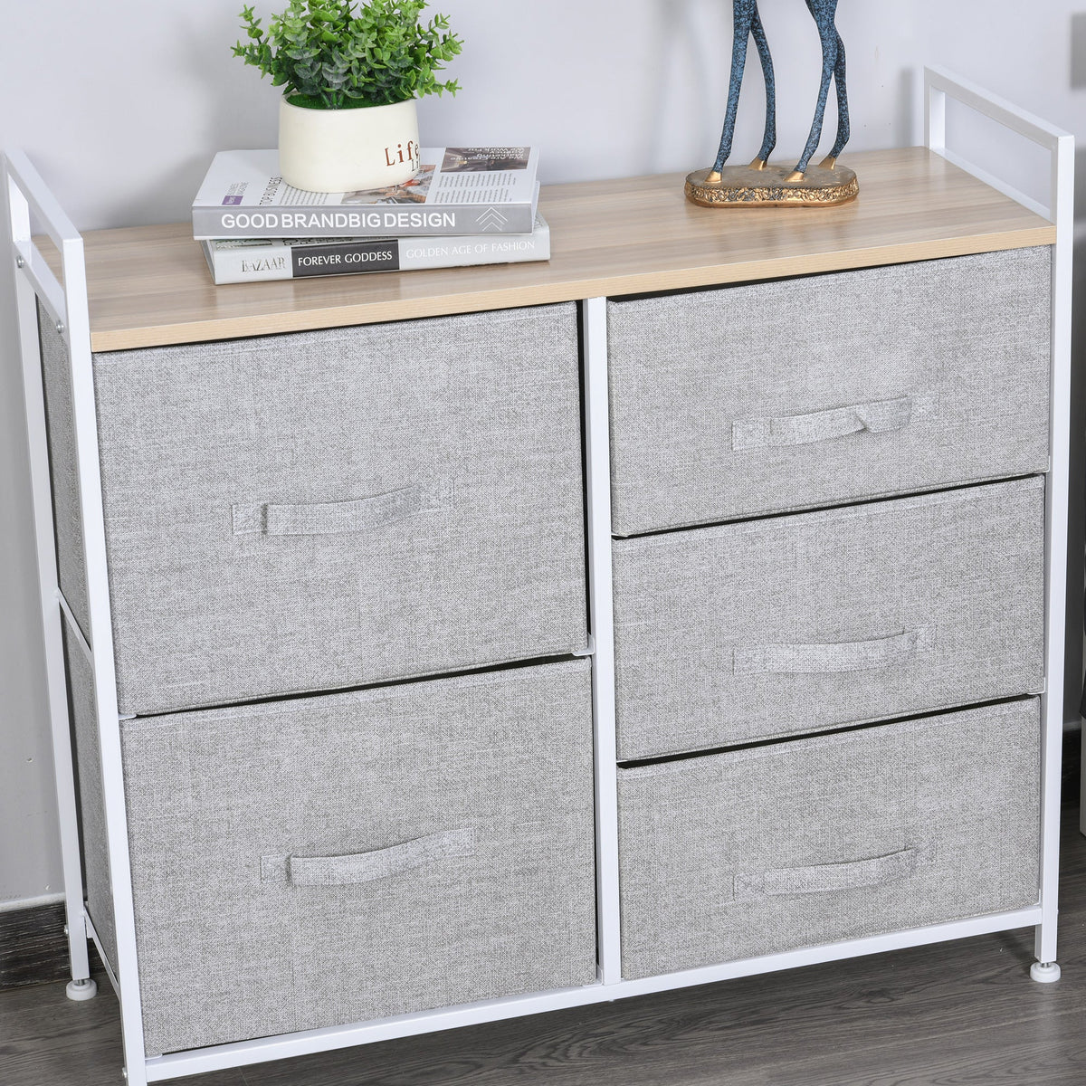 Chest of Drawers, 5 Fabric Drawers, Grey Fabric Wood Metal Frame
