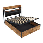 Bed Frame, 140x200, Hydraulic Lift, USB, Upholstered Headboard, Hidden Storage, Wood and Metal, Black