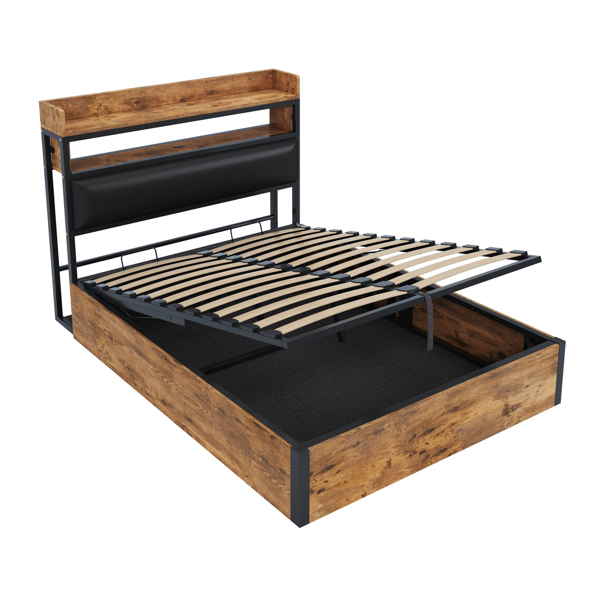 Bed Frame, 140x200, Hydraulic Lift, USB, Upholstered Headboard, Hidden Storage, Wood and Metal, Black