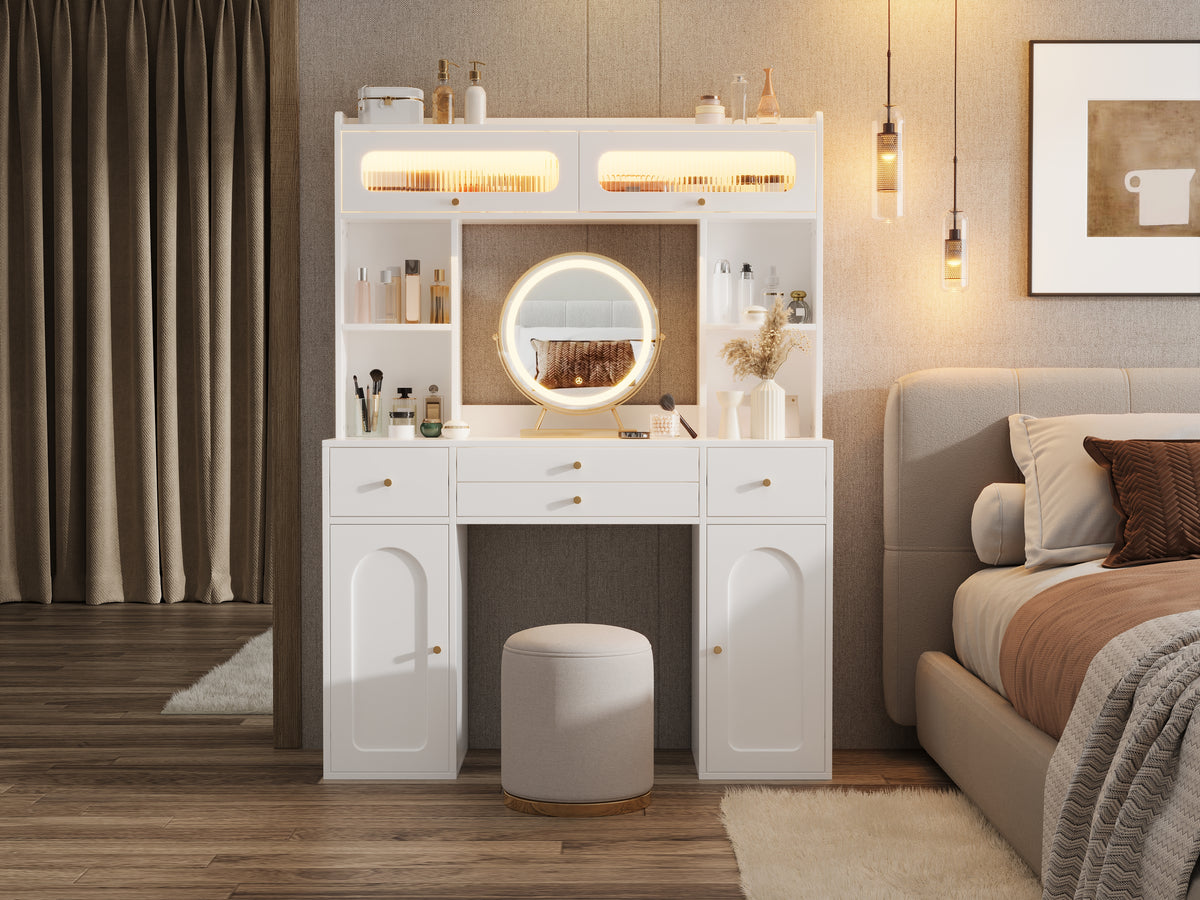LED Dressing Table with Mirror & Storage Drawers, White