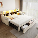 Extendable Upholstered Sofa Bed with LED Headboard, Storage and USB Charging, Beige Velvet