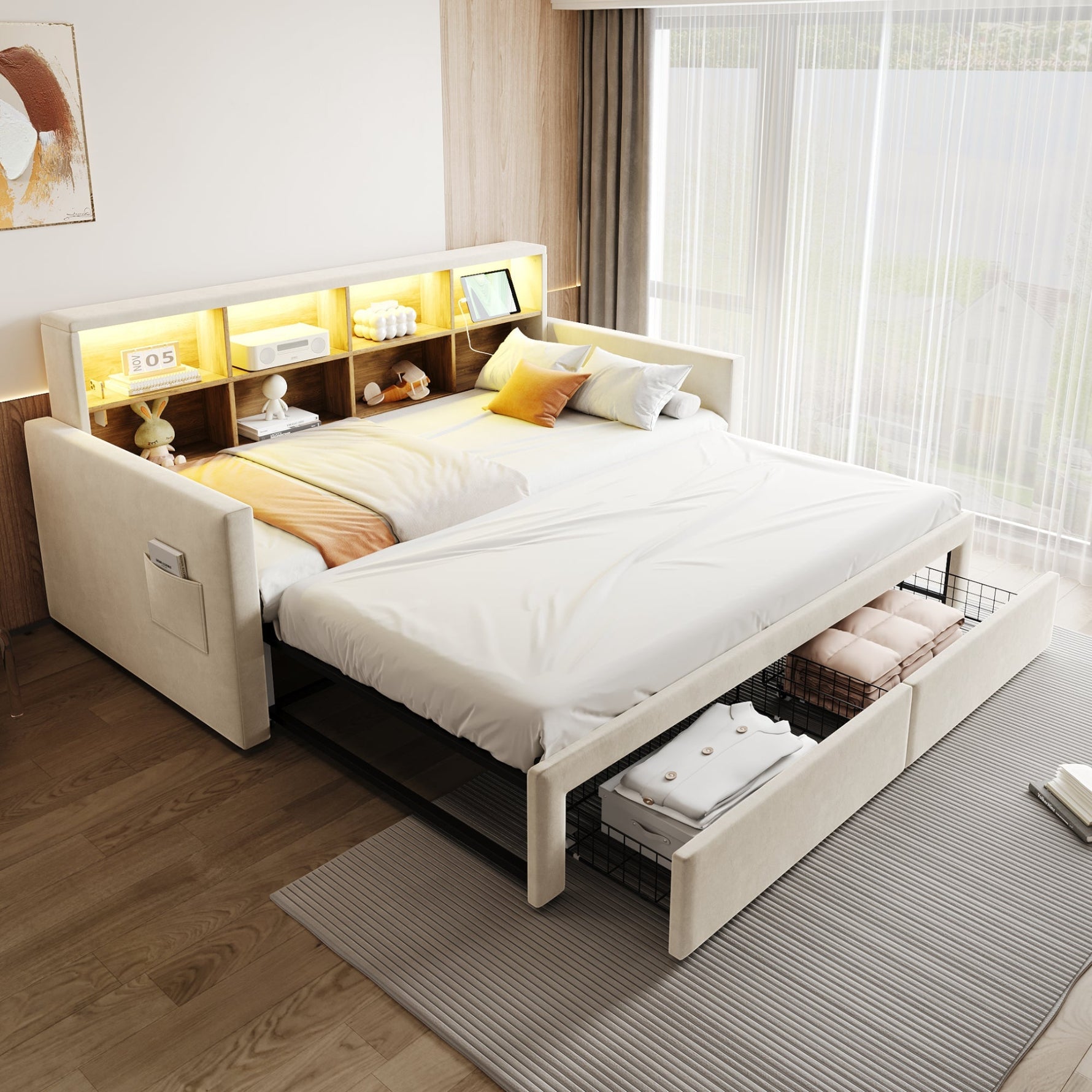 Extendable Upholstered Sofa Bed with LED Headboard, Storage and USB Charging, Beige Velvet