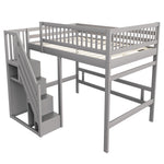 Solid Wood Bed 140x200 with Storage Stairs & Railing, Grey