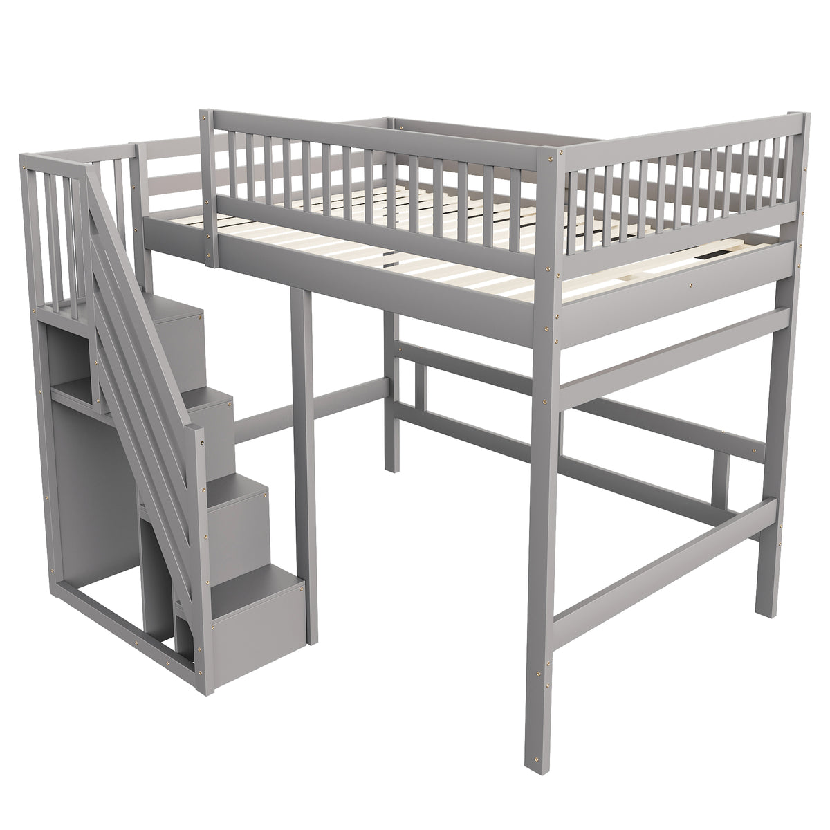 Solid Wood Bed 140x200 with Storage Stairs & Railing, Grey