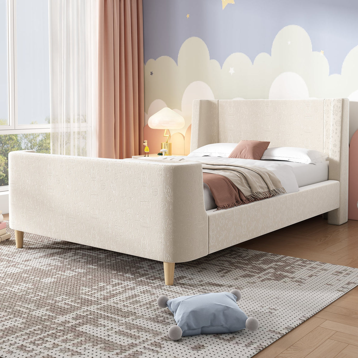 Upholstered Children's Bed, Single Sleigh with Cosmic Pattern, Beige Velvet
