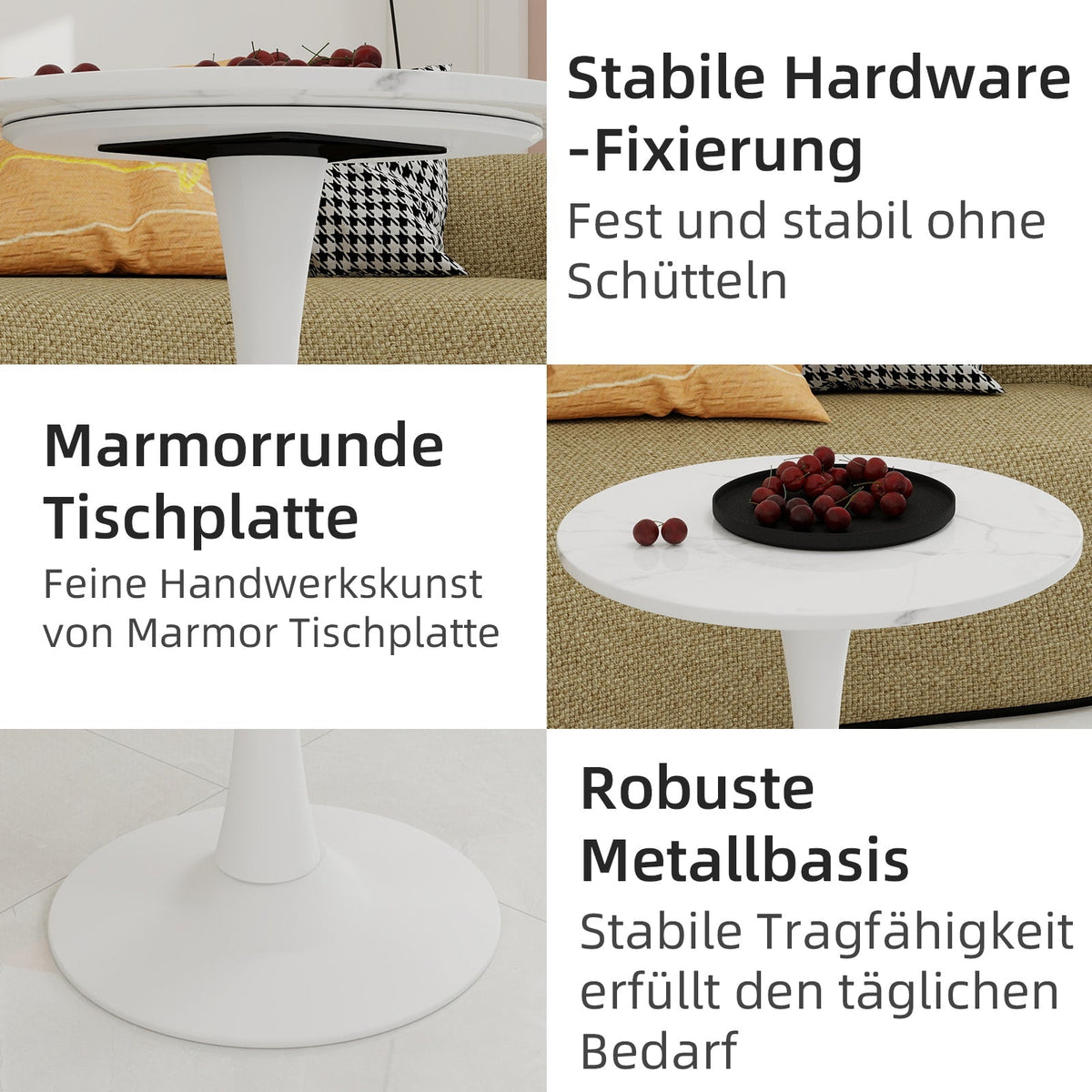 Coffee Table 27.6-inch Round Marble Mid-Century Modern 2-4 Person White Finish