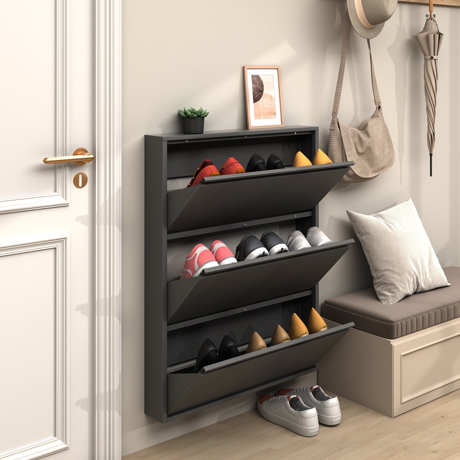 Metal Shoe Cabinet with 3 Flip Drawers and Wall Mount for Entryway, Black Metal