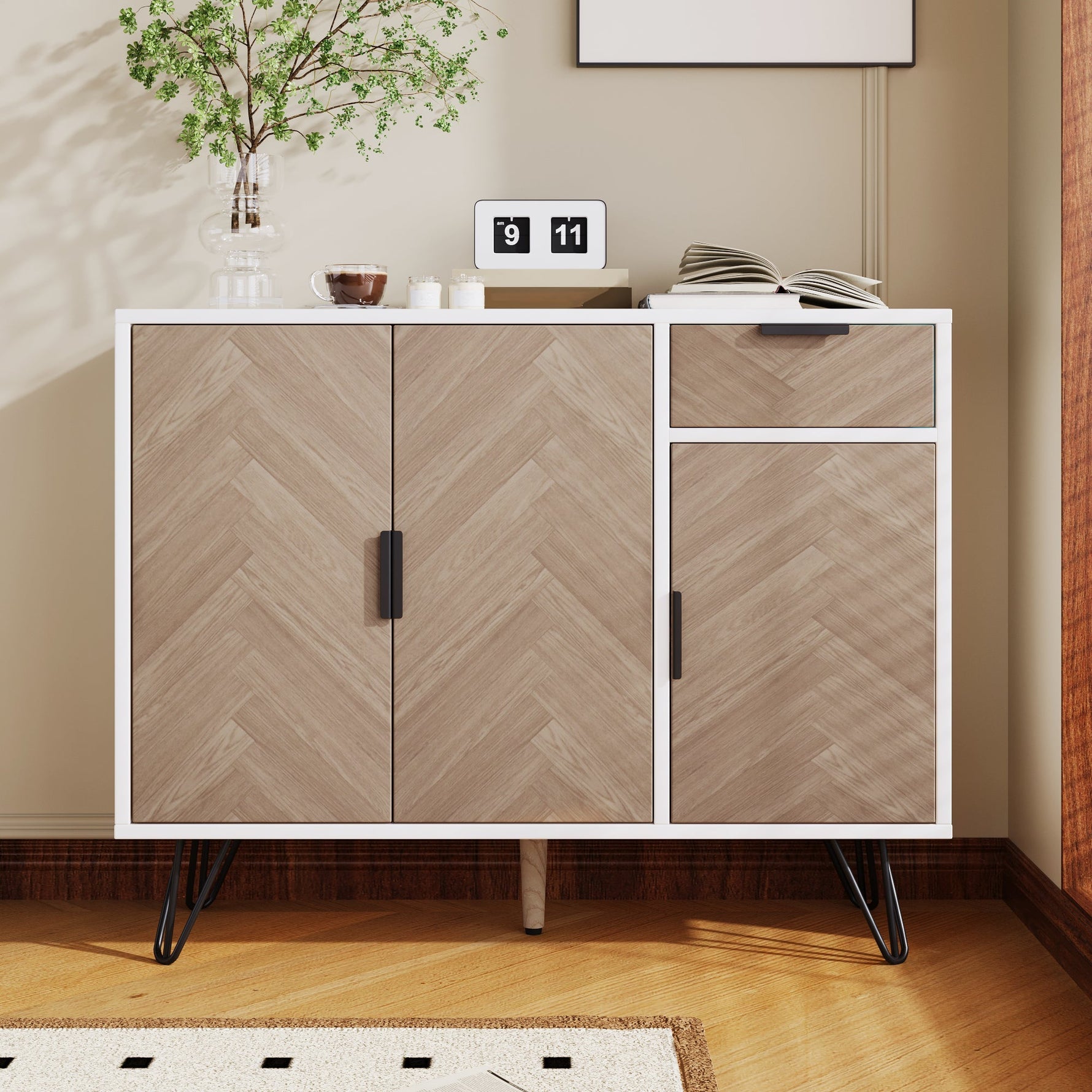 Modern storage cabinet, sideboard with drawer and adjustable shelves, white and wood look