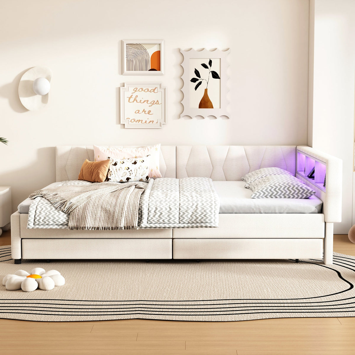 Daybed Sofa Bed 140x200cm Storage USB/Type-C LED 2 Drawers - Linen Beige