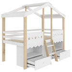 House Shape Loft Bed 90x200cm with 2 Drawers & LED, White + Natural
