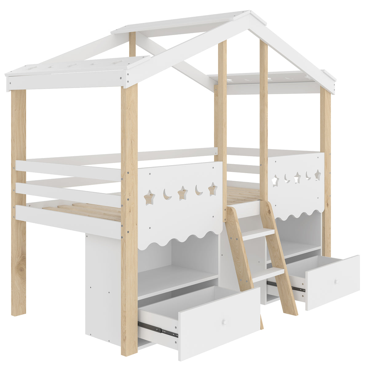 House Shape Loft Bed 90x200cm with 2 Drawers & LED, White + Natural