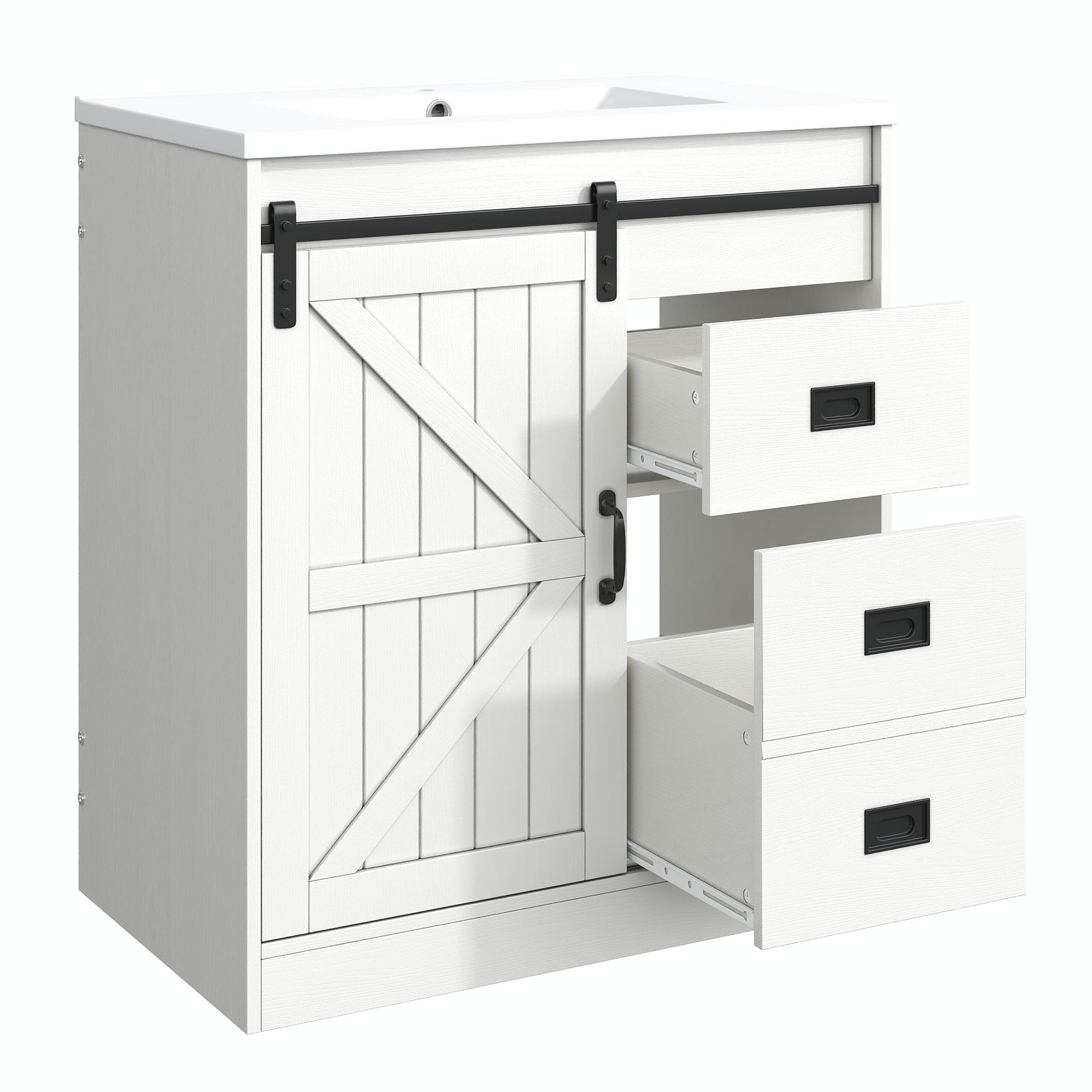 Bathroom Vanity Unit with Ceramic Sink and Barn Door Storage, White