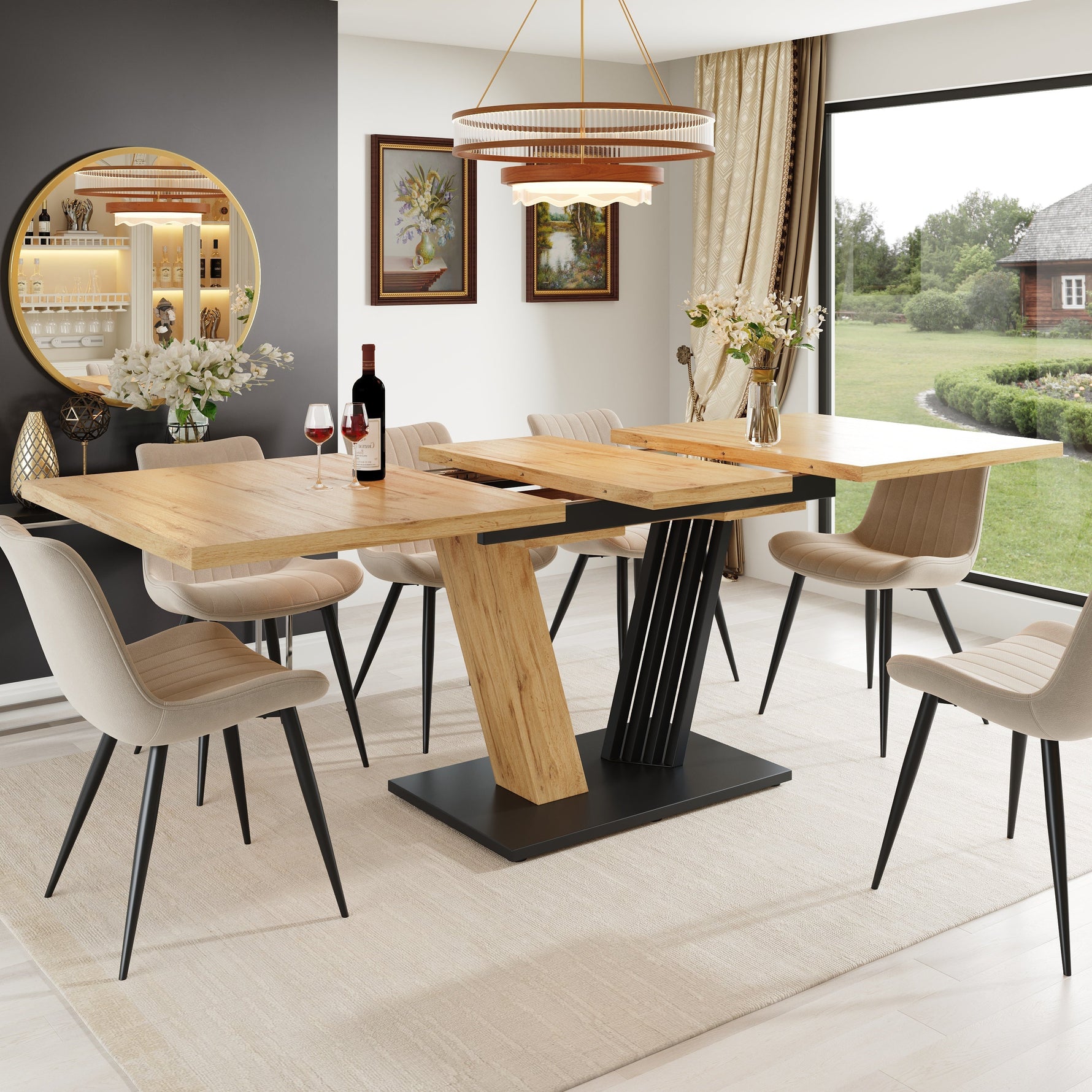 Extendable Dining Table with Wing-Shaped Legs, 120-160 cm, Wood Look