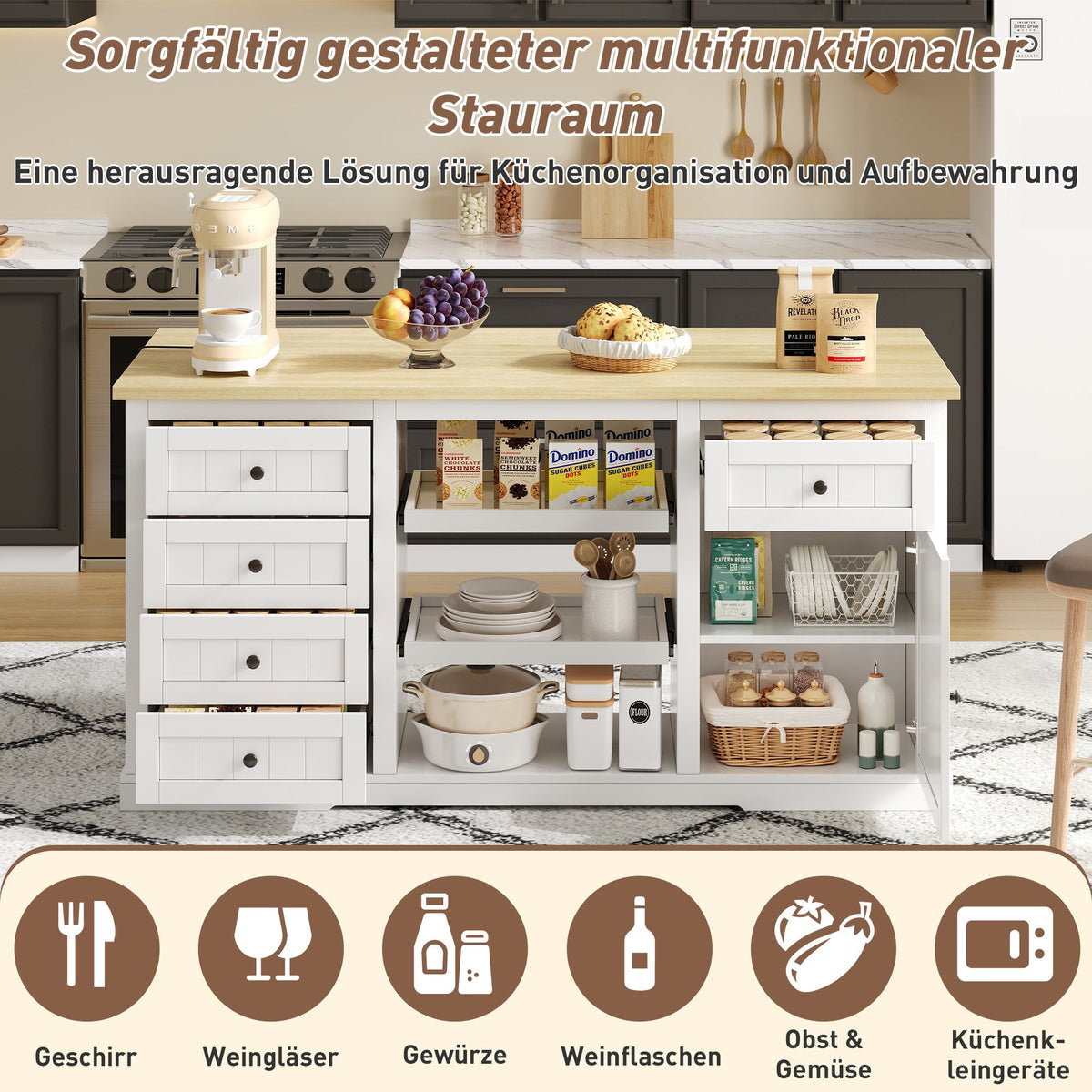 Sideboard/Kitchen Island/Bar Cabinet 5 Drawers 2 Shelves Extension Panel Sockets, White