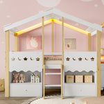 House Shape Loft Bed 90x200cm with 2 Drawers & LED, White + Natural