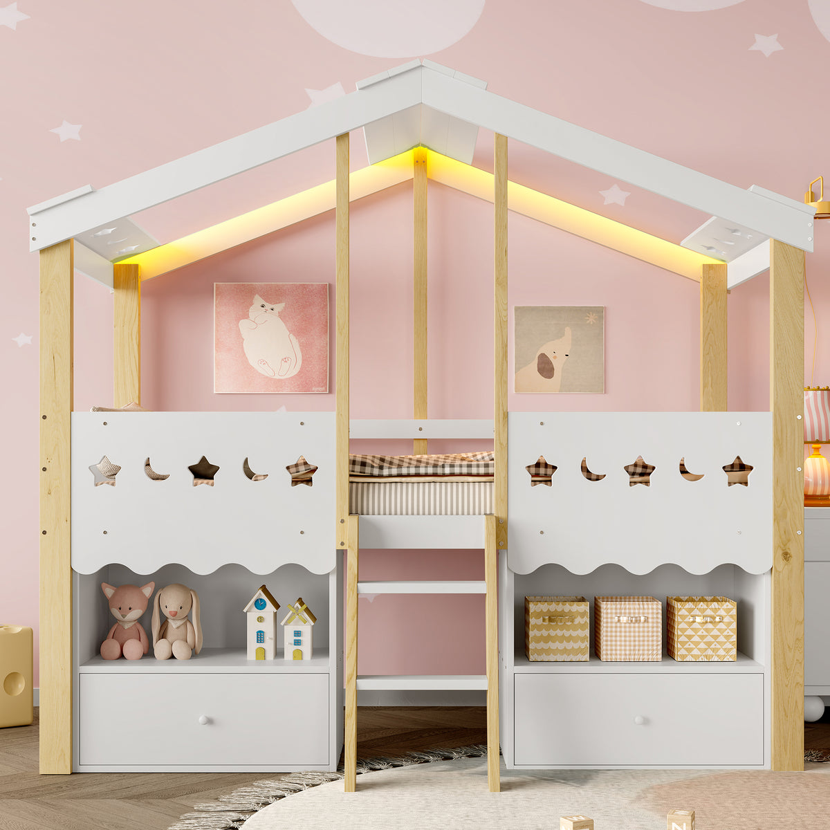 House Shape Loft Bed 90x200cm with 2 Drawers & LED, White + Natural