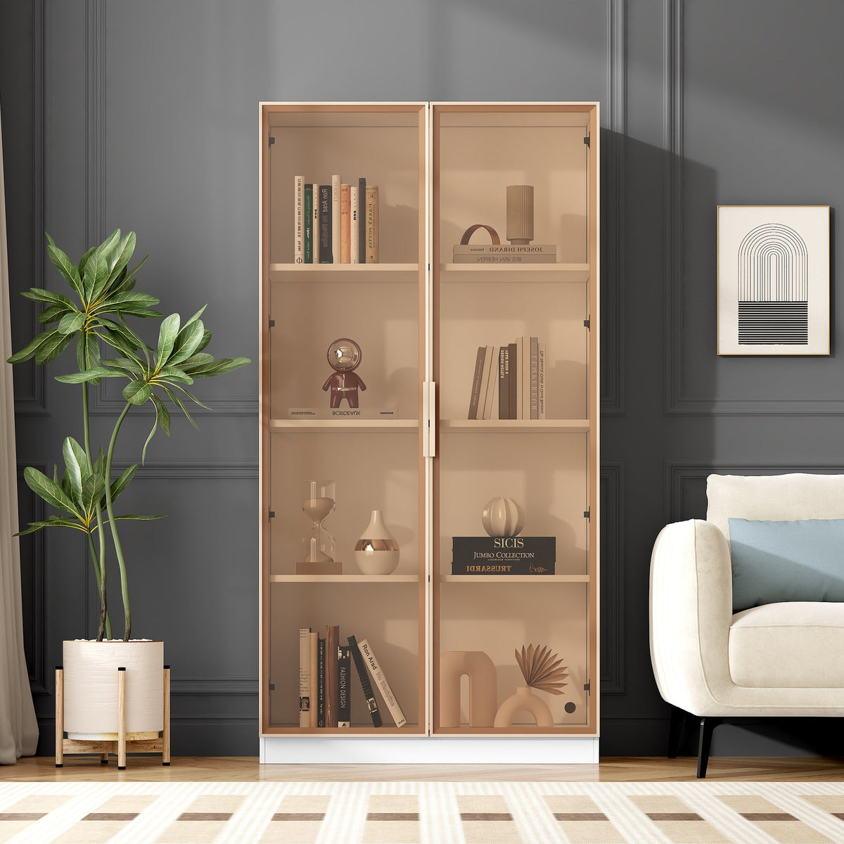 Glass Display Cabinet, 16-Color LED Lighting, Movable Shelves, 80x40x160cm, Freestanding, Glass