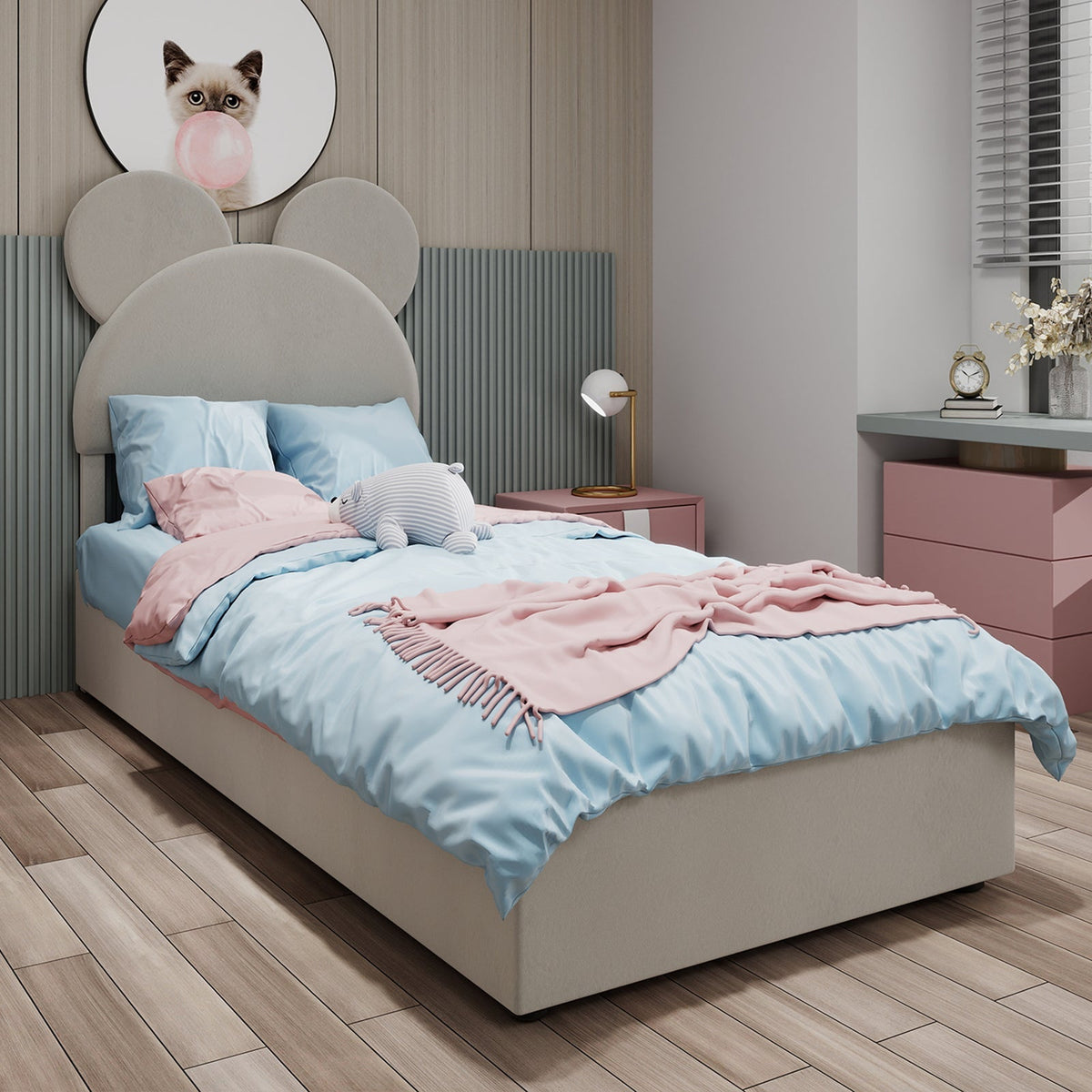 Modern Minimalist Upholstered Bed, Soft Cartoon-Design Headboard, Storage Base, Beige
