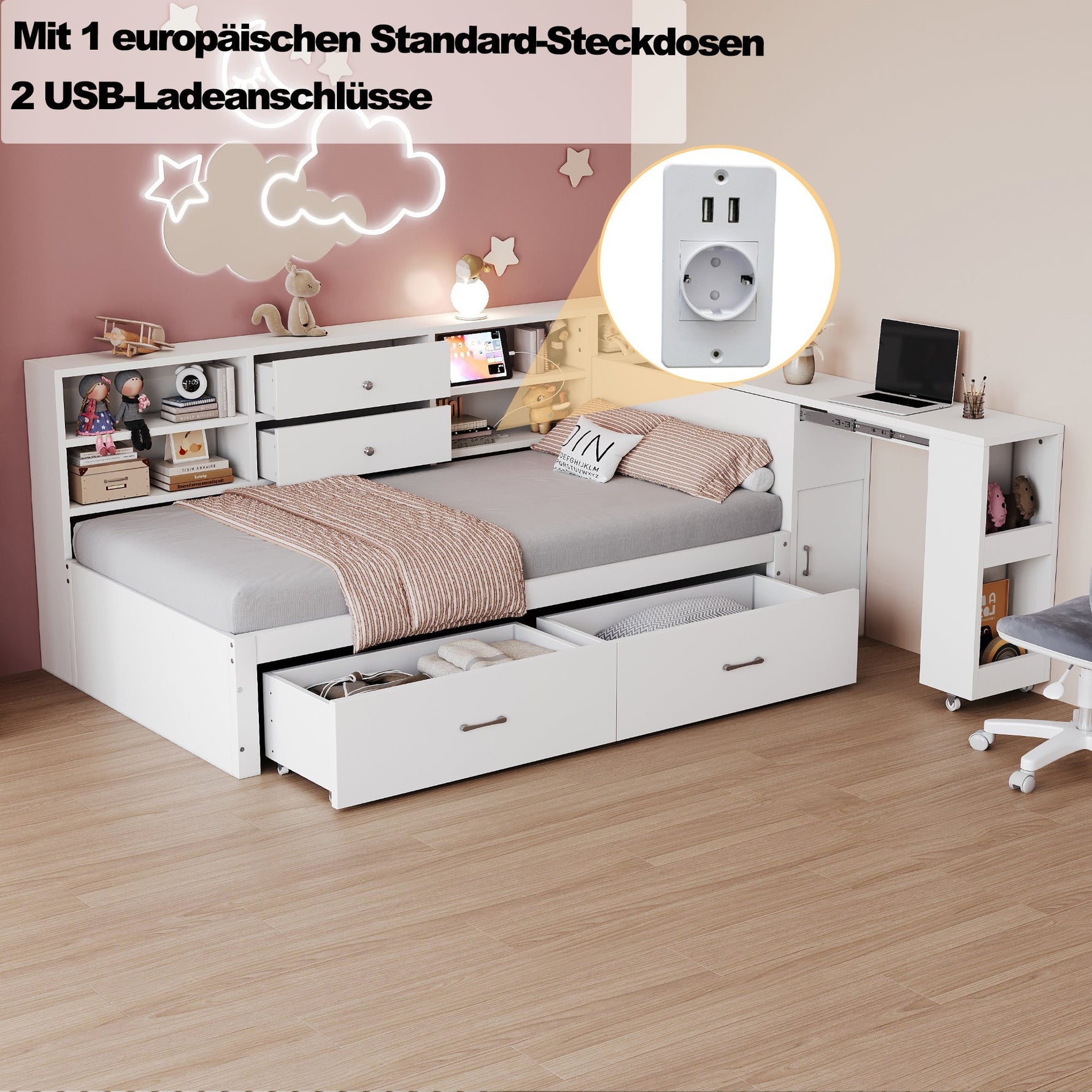 Wooden Sofa Bed 90x200cm Multifunctional Storage Pull-Out Desk, White