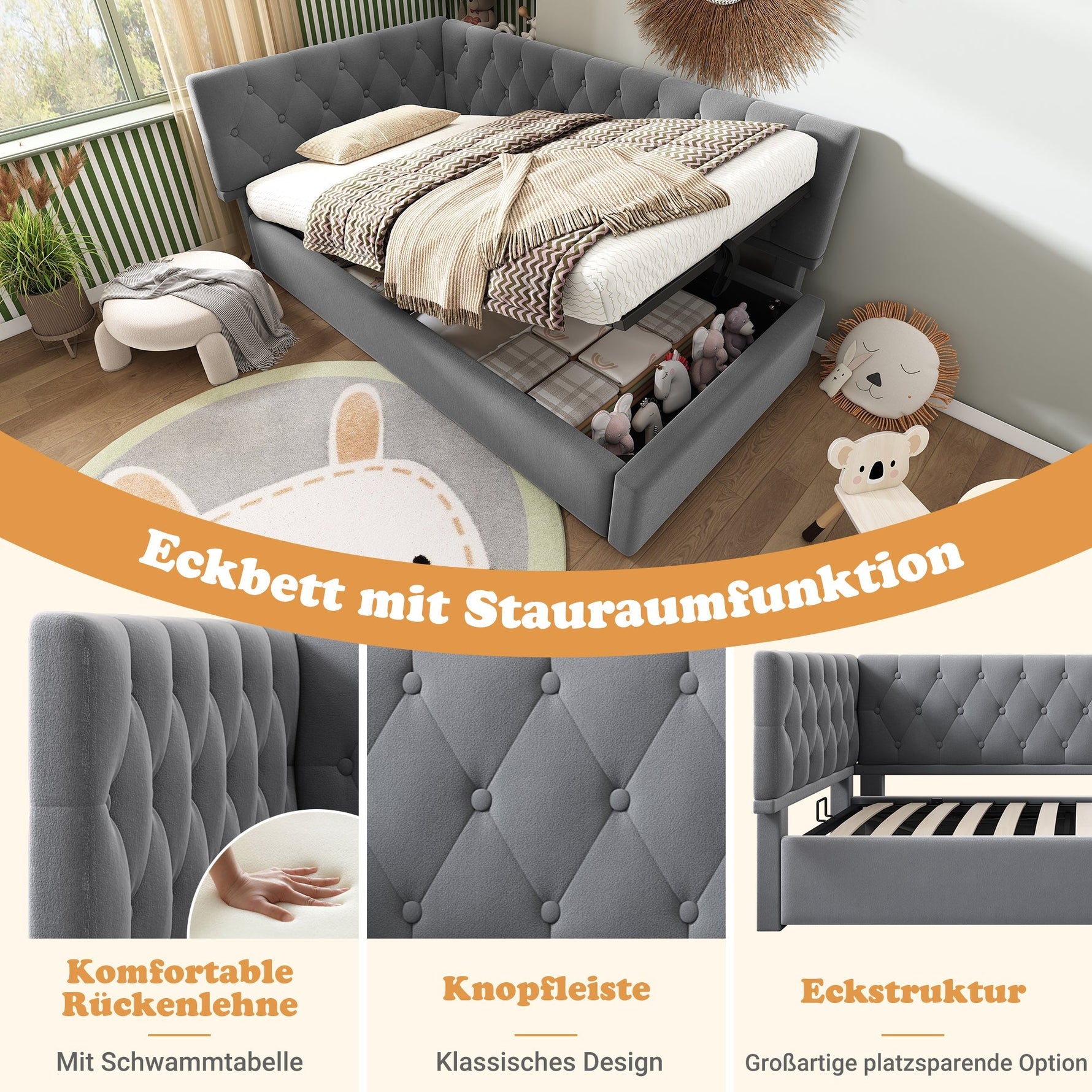 Upholstered Day Bed, 90x200cm Sofa Bed with Hydraulic Storage, Velvet Gray