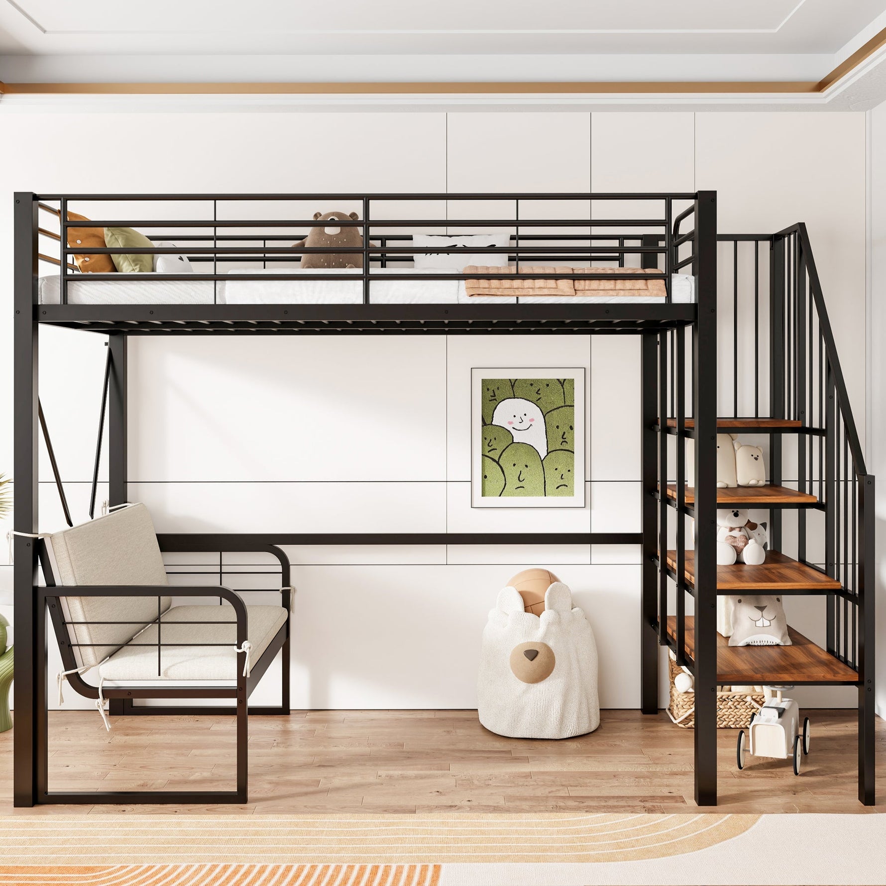 Bunk Bed with Removable Sofa, Storage and Safety Stairs, 90x200cm, Black Metal