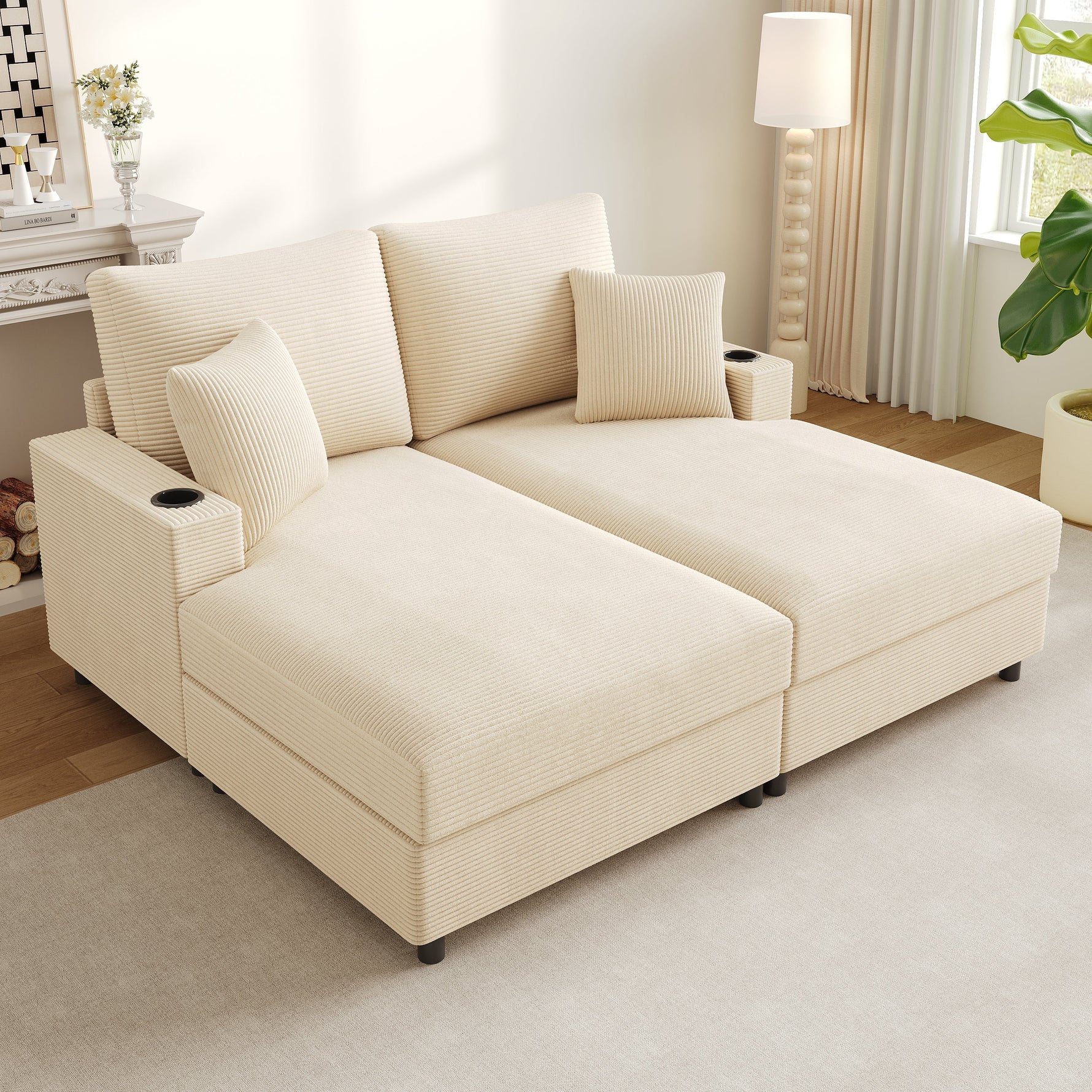 Double Sofa Bed with Sleeping Function, USB Port & Cup Holder - Beige